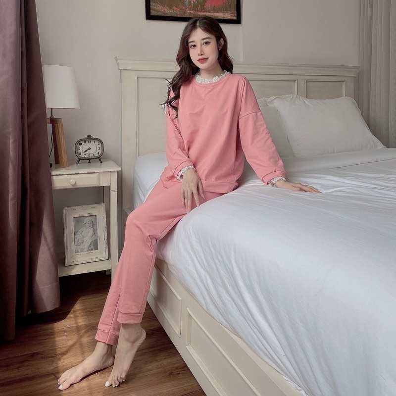 Bộ Bầu Nỉ cổ pha ren ,bo viền -Hàng loại 1 -mặc thu đông ,ảnh thật cận chất-dáng dễ mặcfreesize 43-68kg