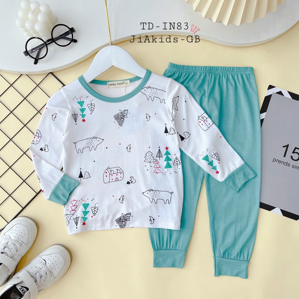[Bé 8-27kg] Bộ Dài Tay Minky Mom Vải Thun lạnh, Áo In Động Vật Phối Quần Màu Cho Bé Gái, Bé Trai 0-7 Tuổi - TD-IN83