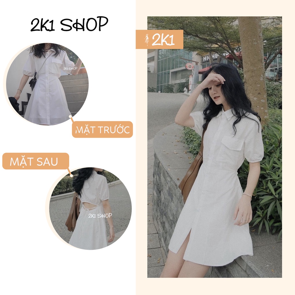 Váy Sơ Mi Trắng Hở Lưng, Thắt Nơ Eo Phong Cách Hàn Quốc - Đầm Sơ Mi Cut Out Lưng Phong Cách Hàn Quốc(Ảnh thật shop chụp)