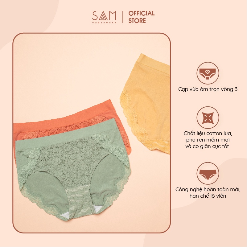 Quần lót nữ SAM cotton pha lụa ren mềm co giãn cực tốt, cạp vừa ôm hết cả mông, hạn chế lộ viền Manlai 6231