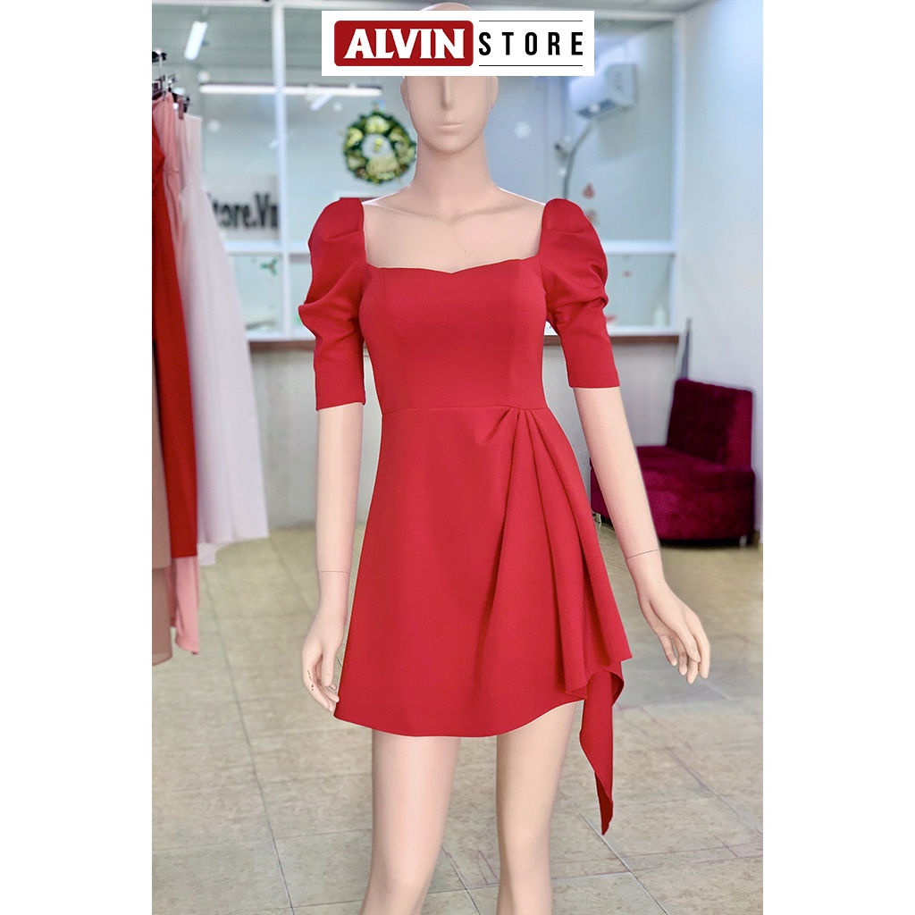 Đầm Xoè Kiểu Cổ Vuông Tay Phồng Xếp Ly Alvin Store 2835