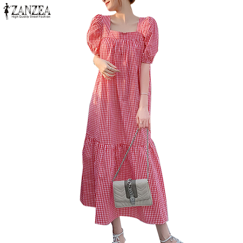 Đầm ZANZEA maxi tay ngắn cổ vuông phồng in sọc caro cho nữ