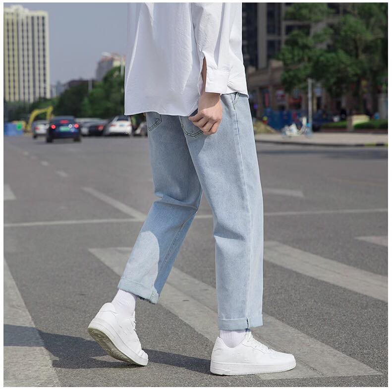 Quần jeans xanh nam nữ ống rộng , dáng vừa , không phai màu , phong cách dạo phố 2021