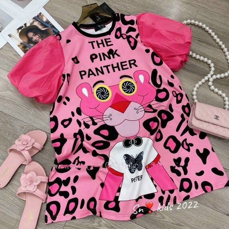 đầm dáng suông rộng chú báo hồng tay phồng k