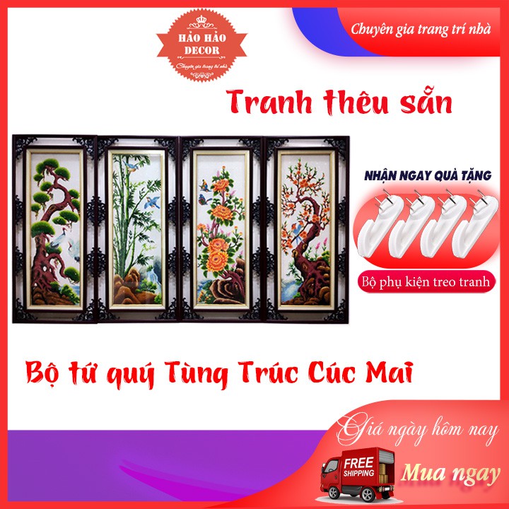 Tranh thêu Tứ quý Tùng trúc cúc mai thêu sẵn 4 bức