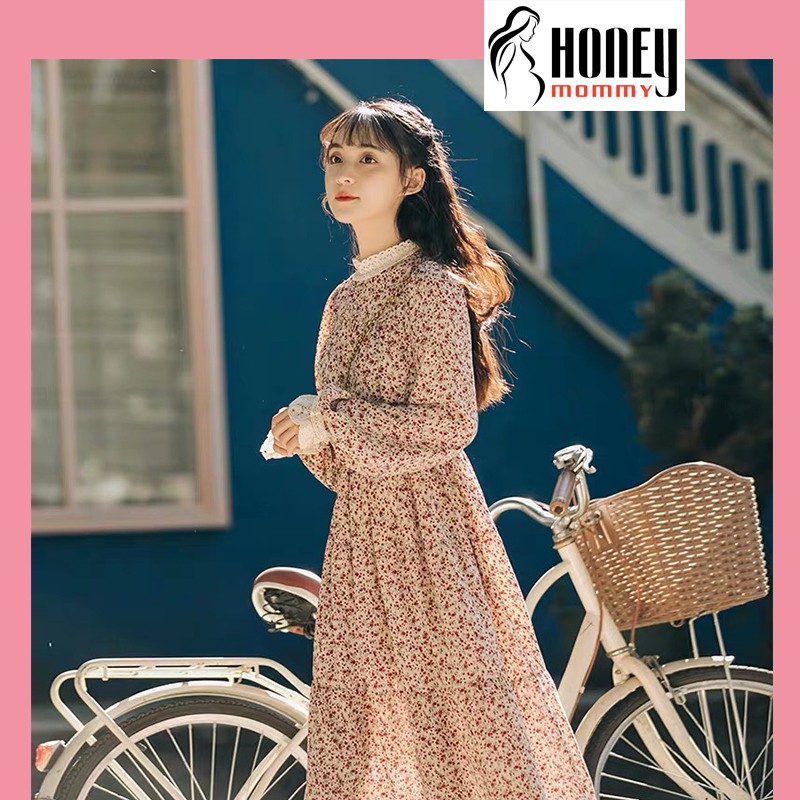 Váy Bầu Hoa Nhí Cổ Ren Kèm Đai Thắt HD4805 Honey Mommy
