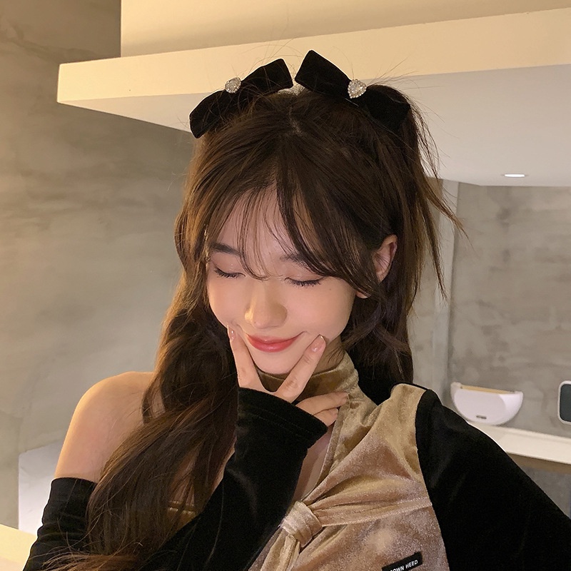 Kẹp tóc nơ nhung đính đá phong cách retro thanh lịch