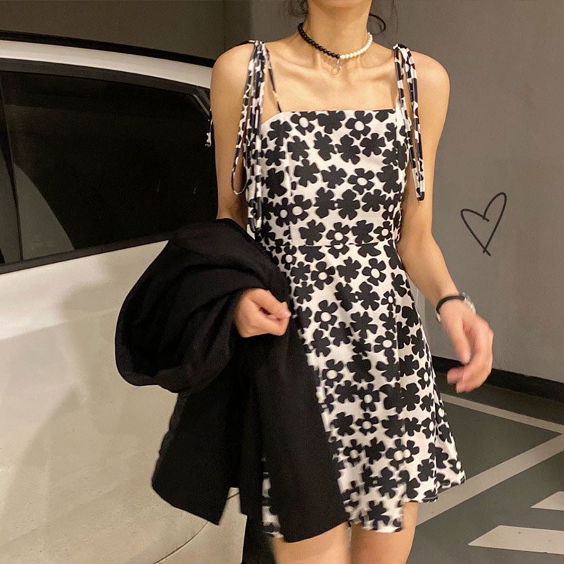 Đầm ngắn hai dây XINLANYASHE dáng chữ A in hoa màu trơn thời trang mùa hè nóng bỏng dành cho bạn nữ váy thiết kế tay bồng