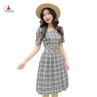 Đầm Nữ NHẬT VY Caro Cổ Vuông Phối Cúc Tay Ngắn Chất Caro Mềm Công Sở Màu Xanh, Đen, Nude - D2203
