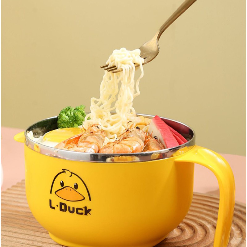 Bát ăn mì cách nhiệt Vịt Vàng dễ thương có tay cầm, Ca nấu mì cute có nắp giá đỡ điện thoại - OFee
