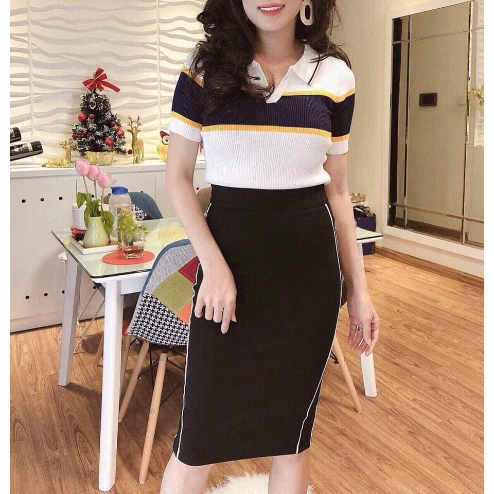 NEW! chân váy bút chì 2 sọc kẻ hông tôn dáng chân dài