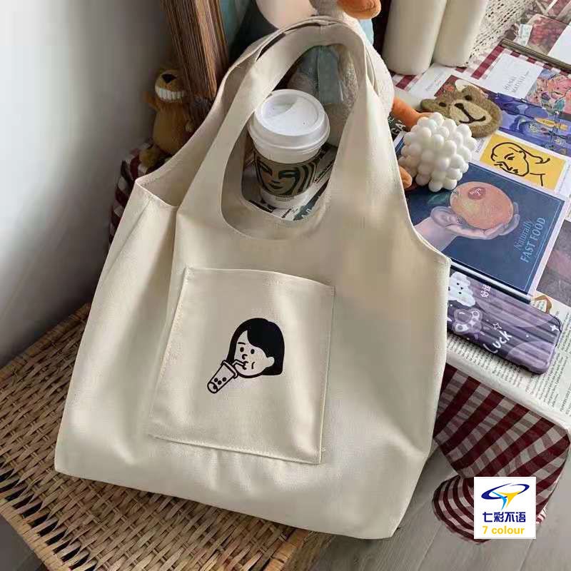 Túi Tote Canvas Đeo Vai Họa Tiết Đơn Giản Dễ Thương Cho Nữ