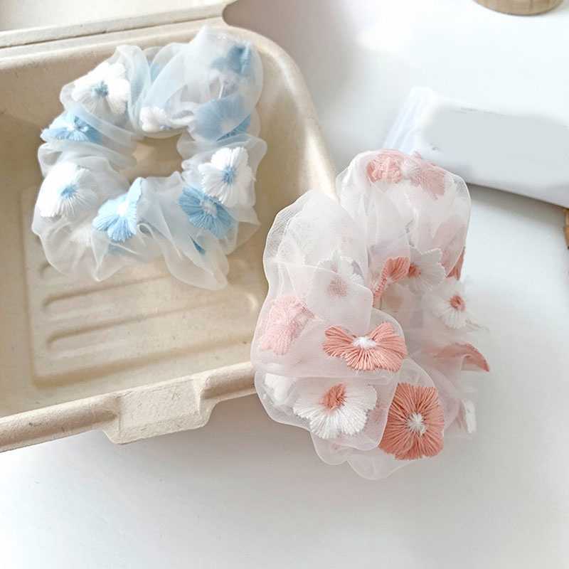 Dây Buộc Tóc Vải Tuyn Lưới Xuyên Thấu Thêu Hoa Màu Hồng Xanh Dương Thời Trang Cho Nữ