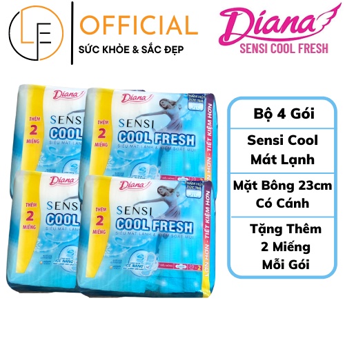 [Bộ 4 Gói Lớn Tặng Thêm 2 Miếng] Băng Vệ Sinh Diana sensi cool fresh Mát Lạnh Có Cánh 23cm Mặt Bông