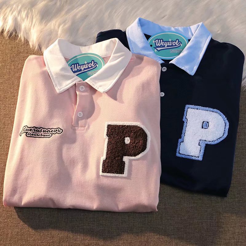 Áo Thun POLO Tay Ngắn Dáng Rộng Thêu Chữ Phong Cách Học Sinh Nhật Bản Dễ Phối Đồ Thời Trang Mùa Hè Cho Nam Nữ Size M-2xl