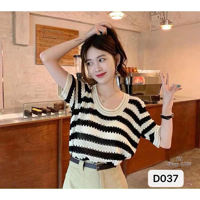 Áo, Váy len viền ren cổ U sâu kẻ ngang dáng tay cộc và tanktop ba lỗ cực xinh