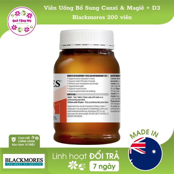 [Mã FMCG100K - 10% đơn 500K] Viên Uống Bổ Sung Canxi & Magiê + D3 Blackmores 200 viên | BigBuy360 - bigbuy360.vn