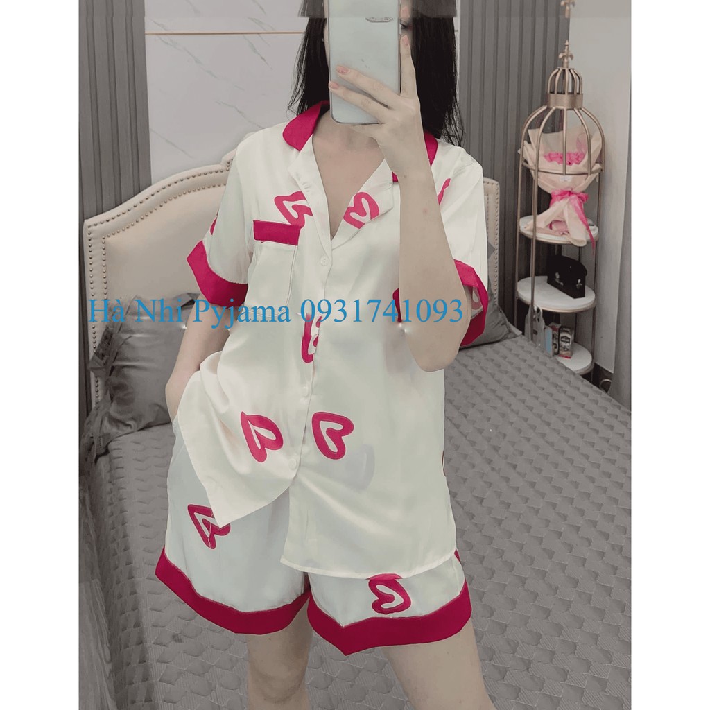 [Ảnh Thật] Đồ Bộ Pijama, đồ ngủ nữ cộc -đùi - Lụa LATIN Cao cấp mác SAM họa tiết trái tim | BigBuy360 - bigbuy360.vn
