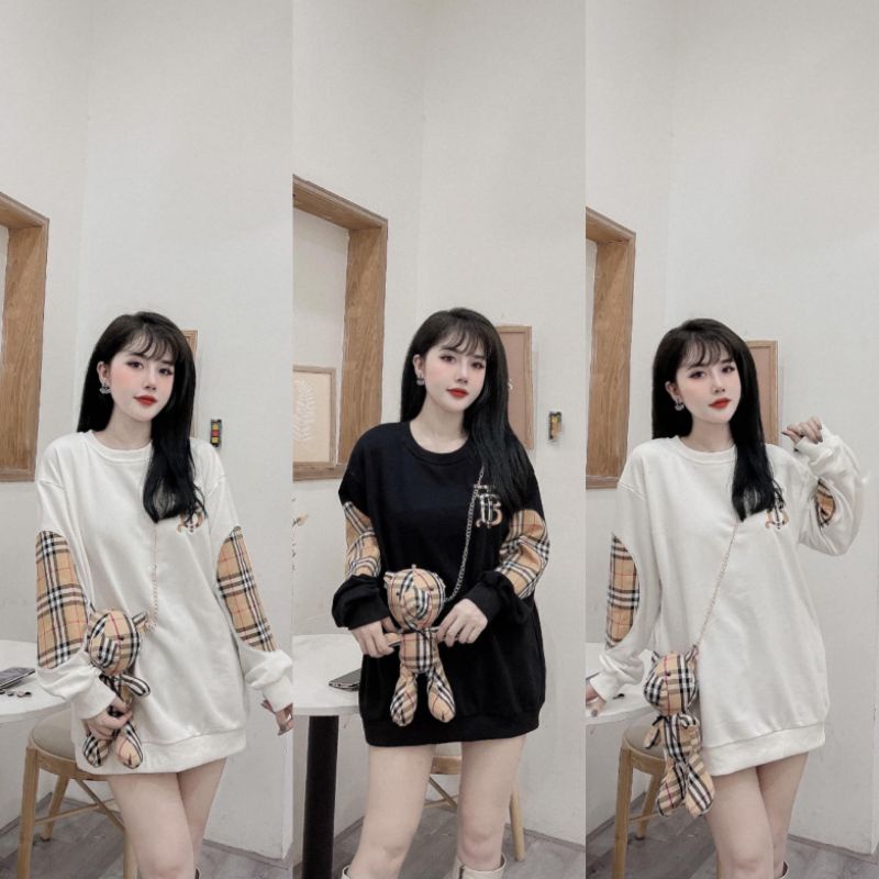 Áo Hoodie Nữ Ms.4782 Áo Suông Rộng, Dáng Tay Dài Phôiz Họa Tiết Caro Lạ Mắt, Kèm Phụ Kiện Gấu Đeo Chéo, Chất Nỉ Sịn Xò