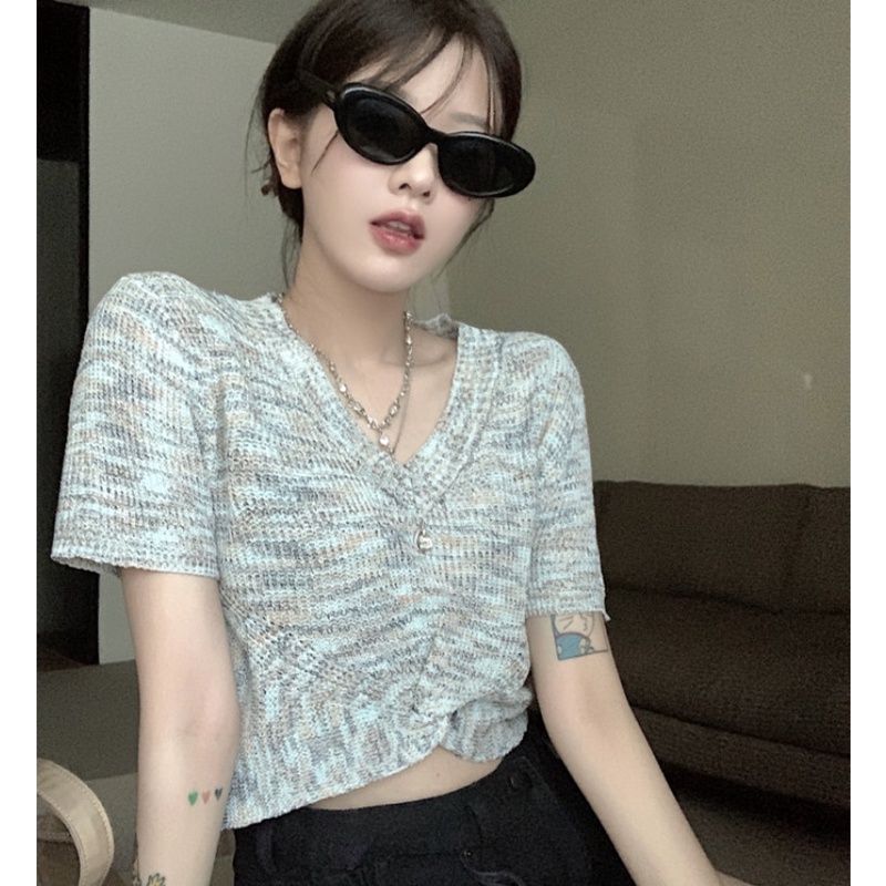 Áo Crop Top Dệt Kim Tay Ngắn Cổ Chữ V Lưng Cao Nhiều Màu Thời Trang Xinh Xắn Cho Nữ