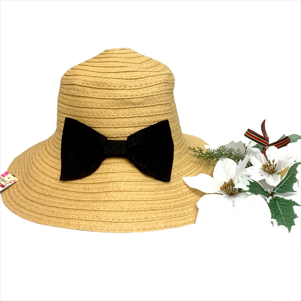 Daiso Mũ Vành Rộng 57cm màu Vàng có Nơ Đen