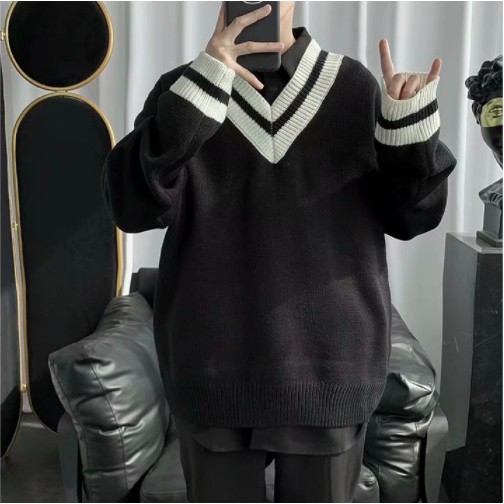 Áo  len cổ chữ v phong cách hàn quốc cho nam áo sweater fashion from rộng màu đặc v cổ áo áo cardigan simple trắng splice trang chủ