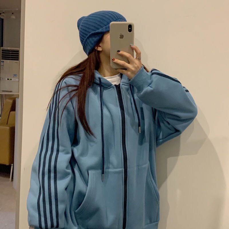 Áo Khoác Nỉ 4 Sọc Nữ Hoodie zip kẻ sọc tay mùa đông form rộng, thiết kế đơn giản