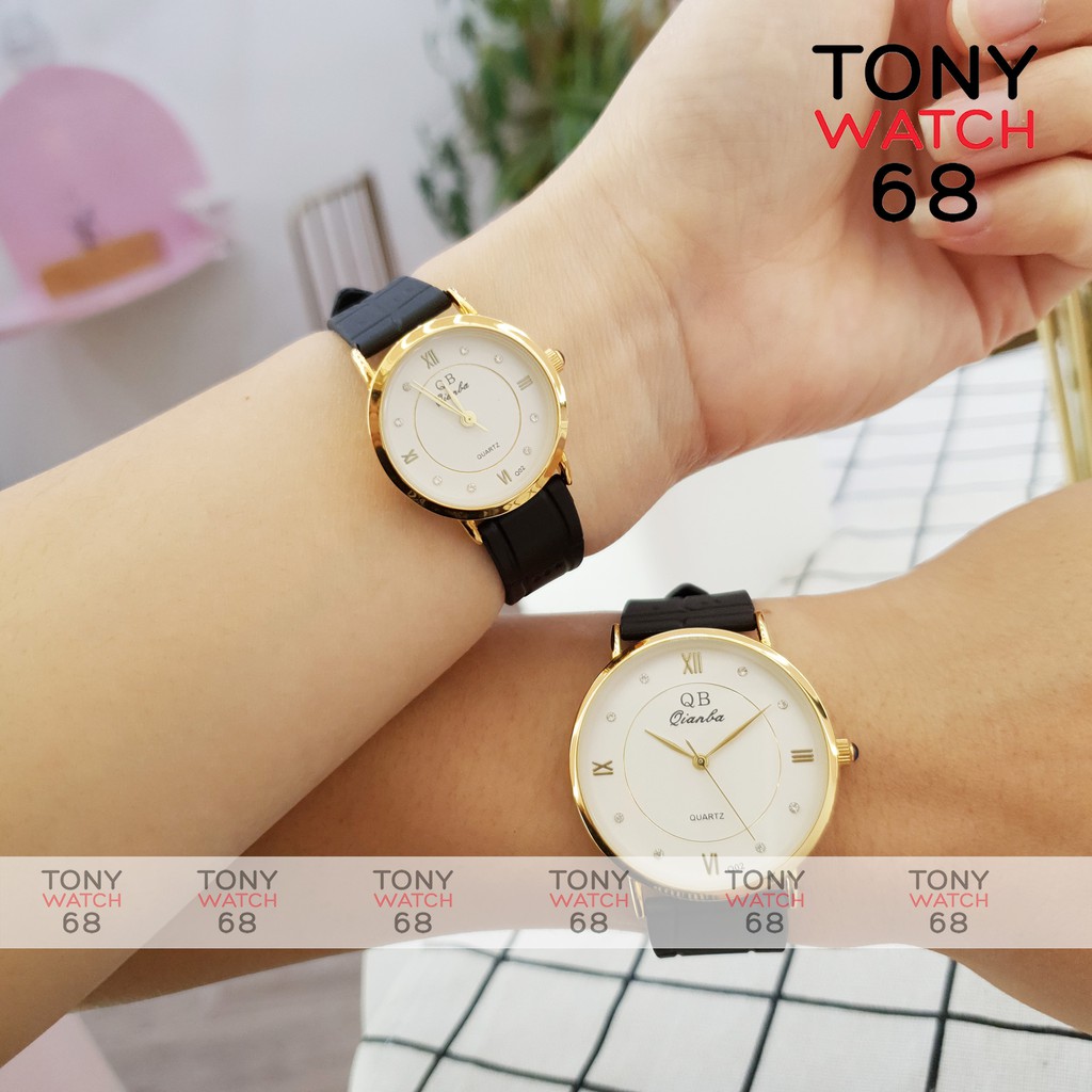 Cặp đồng hồ đôi nam nữ QB viền mạ vàng dây cao su siêu bền chính hãng Tony Watch 68