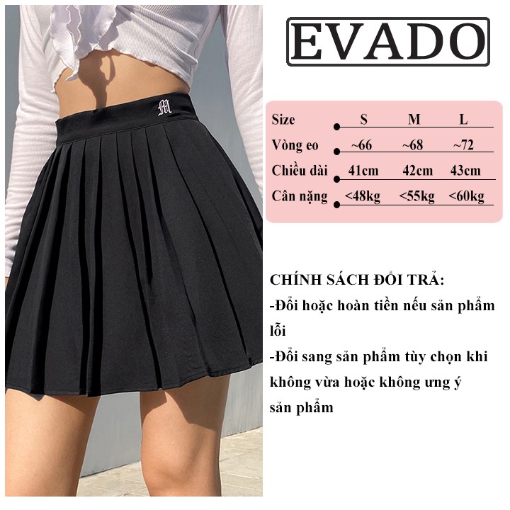 Chân váy tennis xếp ly bigsize nữ dáng xòe thêu chữ có lót trong lưng cao trắng đen phong cách Hàn Quốc EVADO CV03