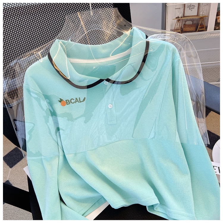 Áo Thun Lửng Tay Dài Có Cổ Thêu Chữ Thời Trang Mùa Thu Mới Cho Nữ
