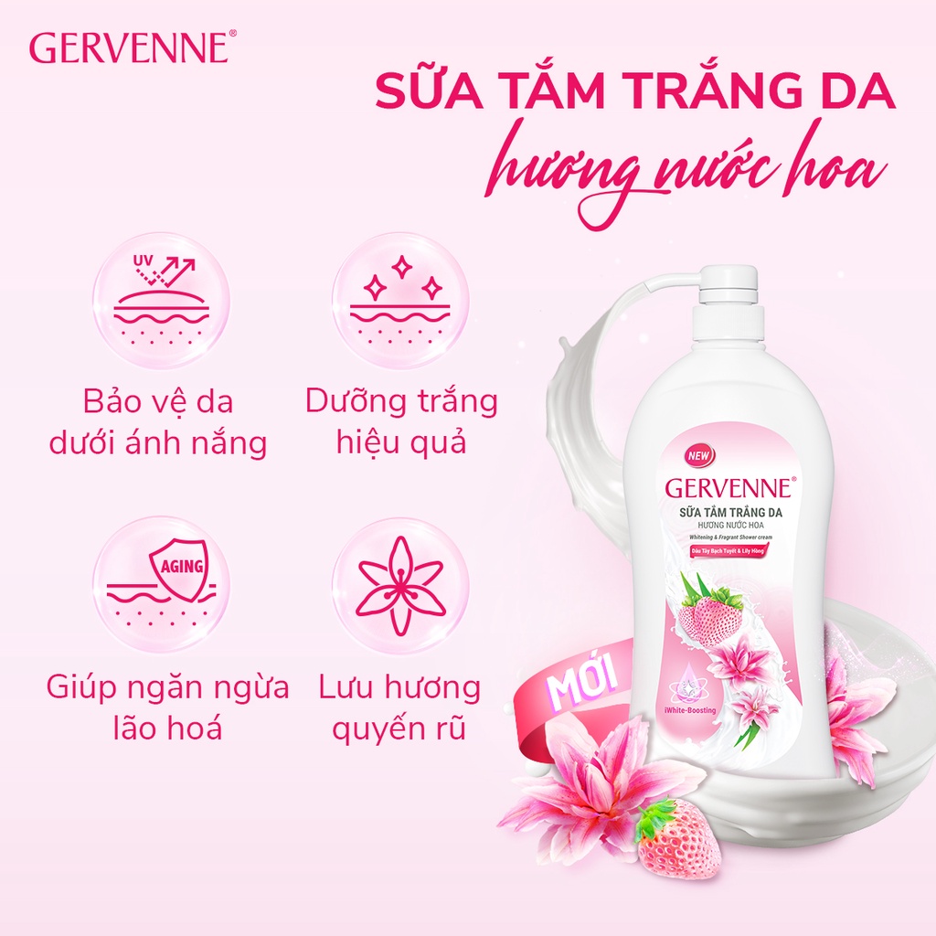 Sữa tắm trắng da hương nước hoa Gervenne Dâu Tây Bạch Tuyết và Lily Hồng (450G/chai)