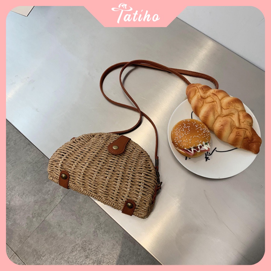 Túi Cói Đeo Chéo Mini Trơn Dễ Thương Phong Cách Hàn Quốc - TATIHO - Mã TUI63