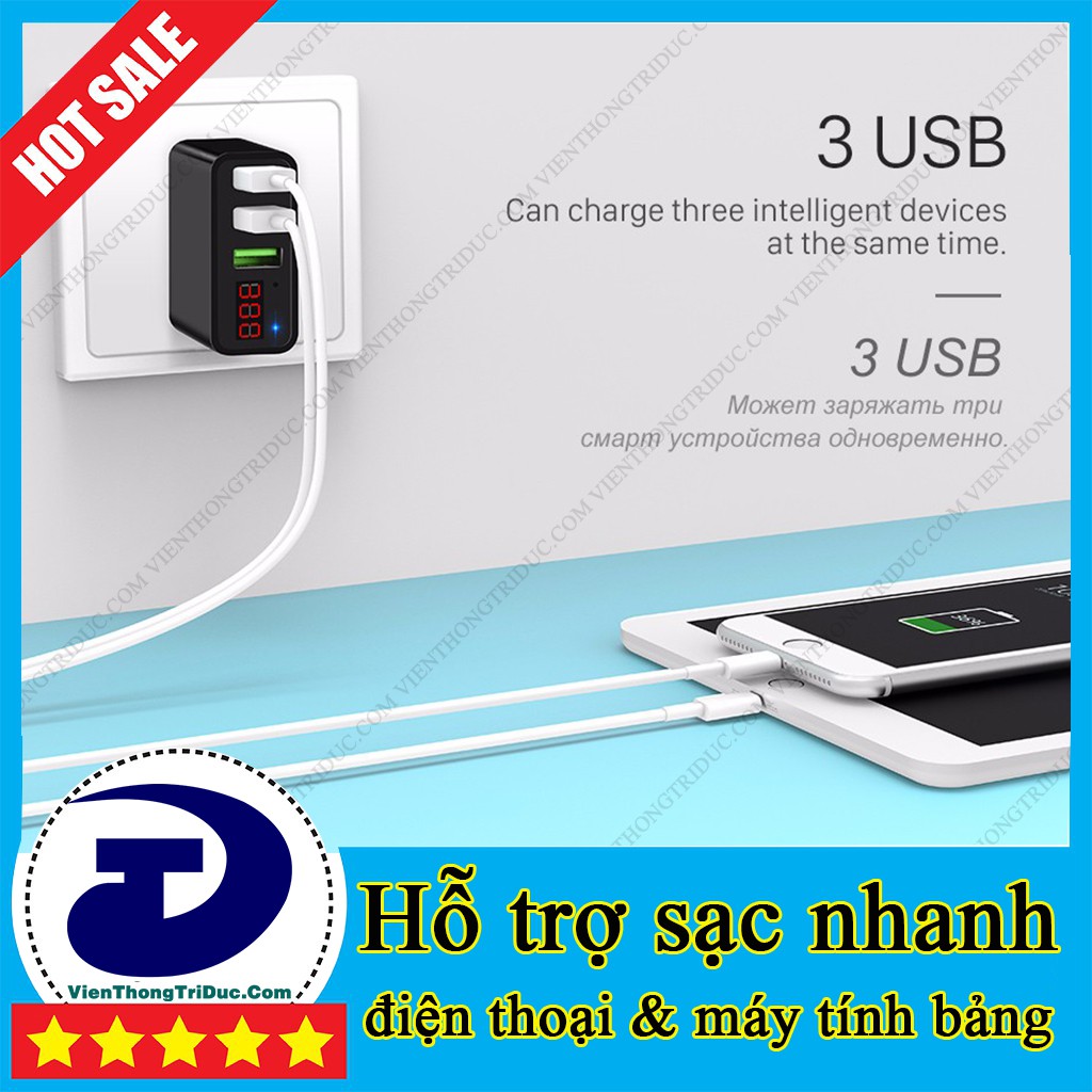 Cốc Sạc 3 Cổng USB Hoco C15 - Sạc Nhanh - Tích Hợp Màn Hình LED - Chíp Cân Bằng Dòng Điện -Vỏ Chống Cháy PC+ABS- BH 6 Th