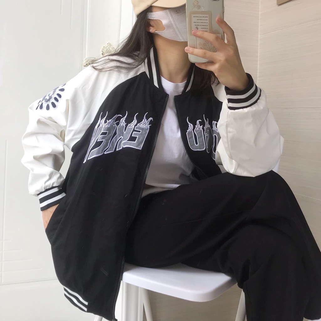 Áo khoác bóng chày dáng rộng phối khóa kéo thêu họa tiết kiểu Hàn Quốc cá tính cho học sinh