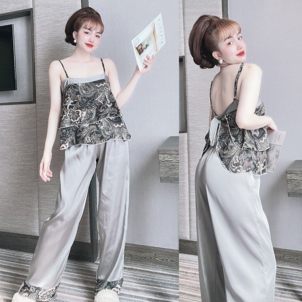 Đồ Bộ Mặc Nhà Hai Dây Mix Quần Dài Nữ Đồ Ngủ Nữ Họa Tiết Lá Cây Chất Liệu Lụa Cao Cấp Freesize