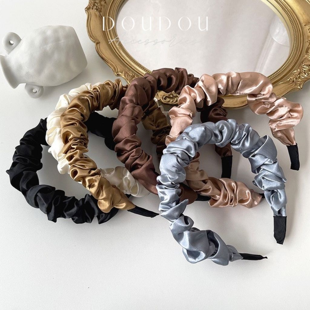 Băng đô cài tóc DOUDOU Bờm tóc nữ chất liệu vải lụa nhún tiểu thư công chúa phong cách Hàn Quốc vintage thời trang FG019