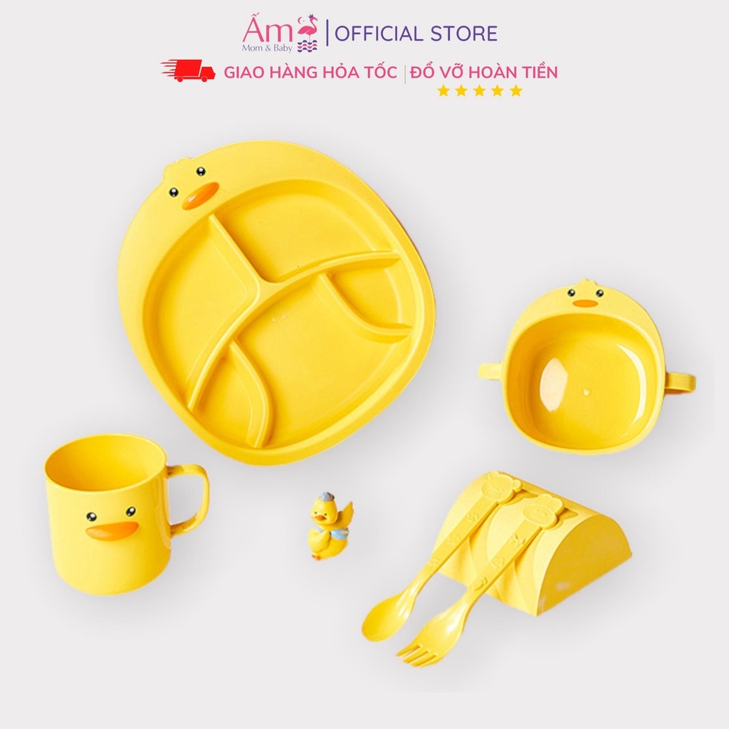 Bộ Ăn Dặm Cho Bé Hình Vịt Vàng Dễ Thương Ấm Baby Gồm Khay, Bát Và Cốc Chất Liệu Nhựa PP An Toàn Ấm Gift Decor