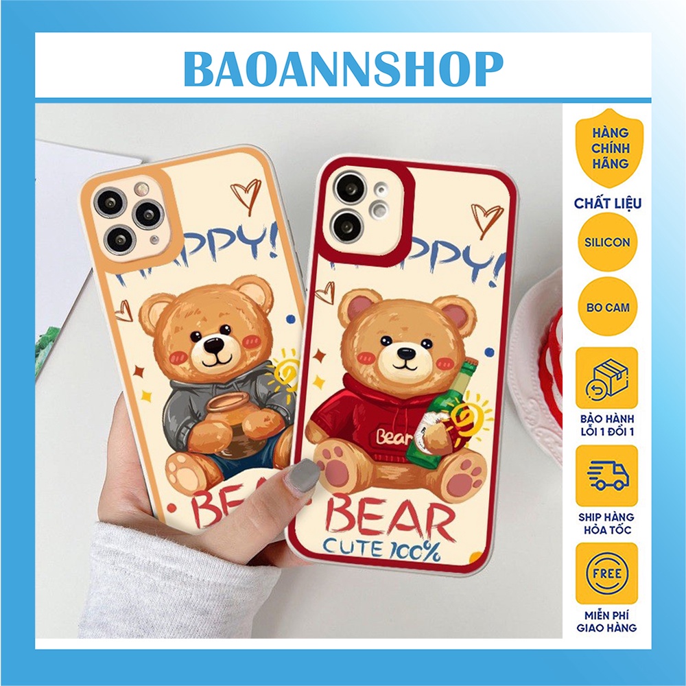 Ốp lưng iphone hình gấu bear happy dẻo cạnh vuông bảo vệ camera 7plus/8plus/x/xs/xsmax/11/12/13/14/pro/promax