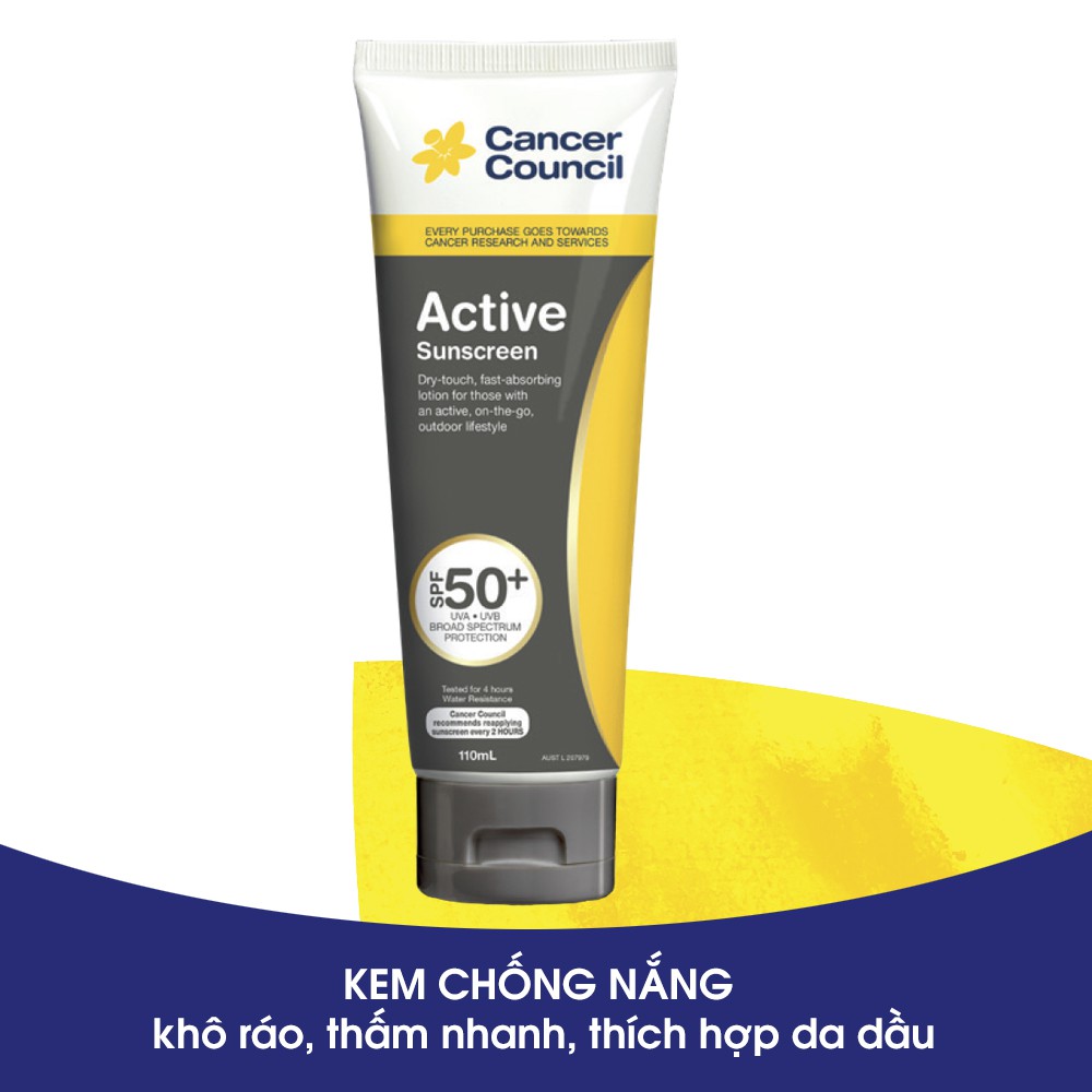 CANCER COUNCIL Kem Chống Nắng Active Grey Sunscreen SPF 50+/PA++++ UVA-UVB năng động 110ml