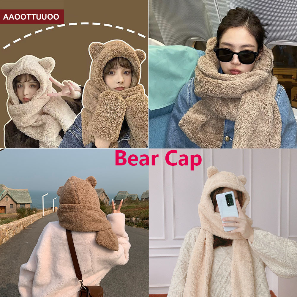 Khăn quàng cổ hình tai gấu đáng yêu may liền mũ/găng tay