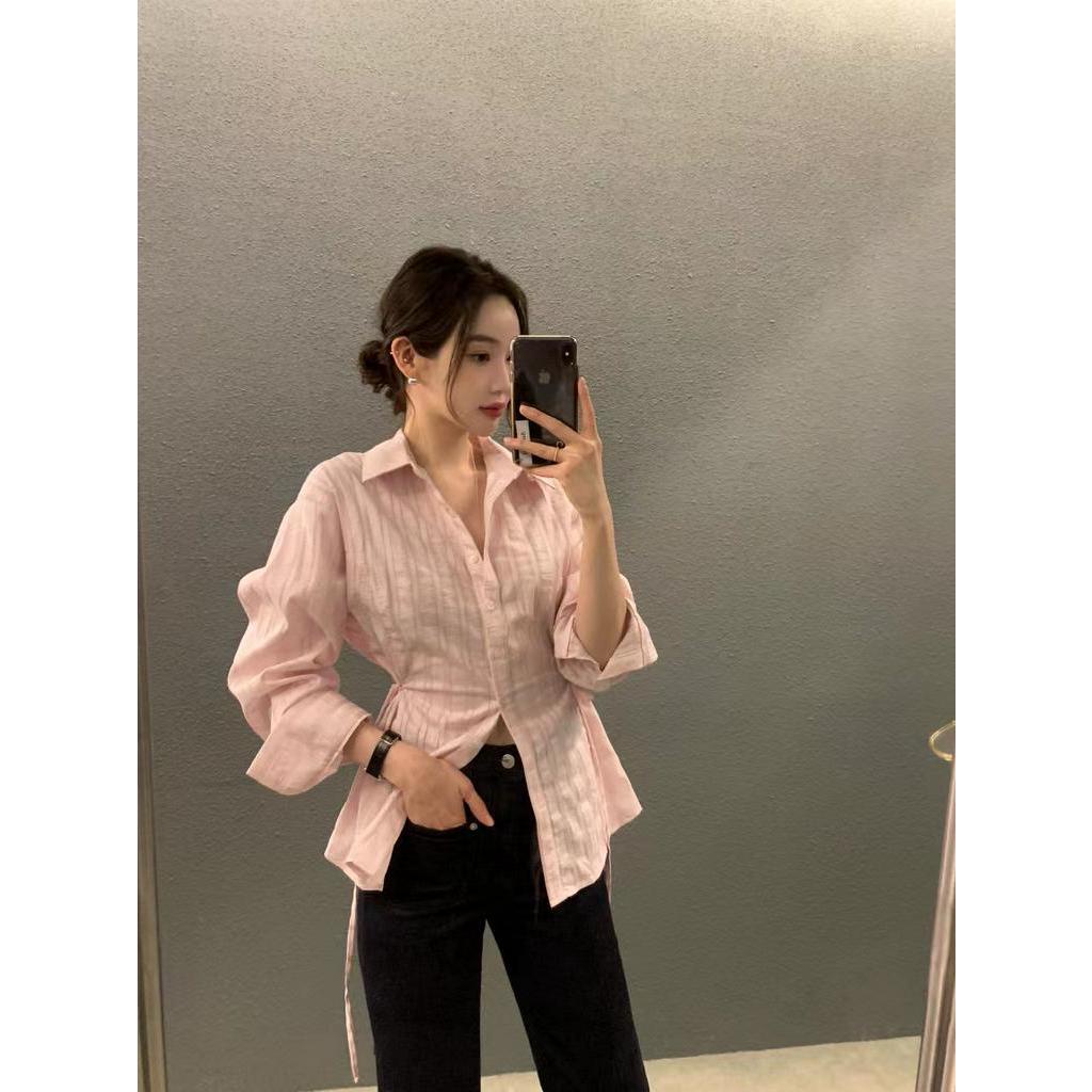 Áo Sơ Mi Ôm Dáng Buộc Dây Họa Tiết Kẻ Sọc Phong Cách Hàn Quốc Kiểu Mới 62215