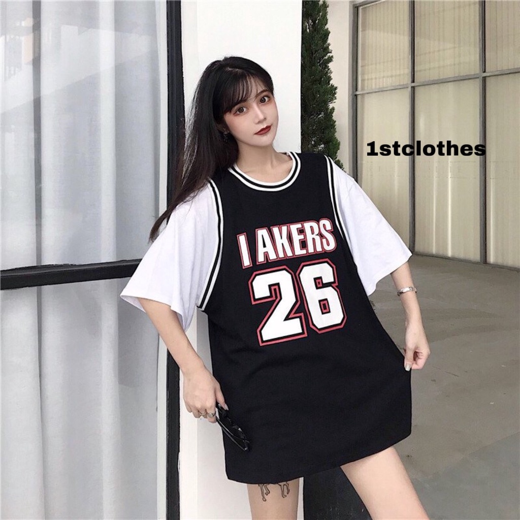 Áo thun unisex form rộng phối tay lỡ bóng rổ số 26 in chữ freesize 2 màu  1stclothes