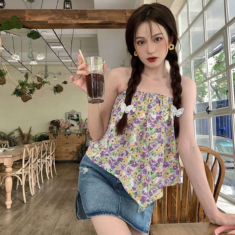 Áo Croptop Hai Dây Hở Lưng In Họa Tiết Hoa Phong Cách Hàn Quốc Ngọt Ngào Cho Nữ | BigBuy360 - bigbuy360.vn