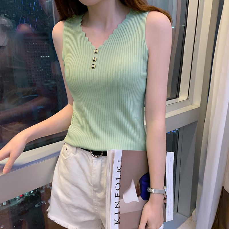 Áo Dệt Kim Không Tay Cổ Chữ v Thời Trang Mùa Hè Hàn Quốc Cho Nữ