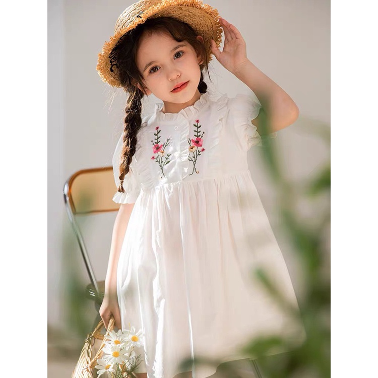 Đầm bé gái tiểu thư công chúa thêu hoa trắng tinh khôi 1-6y