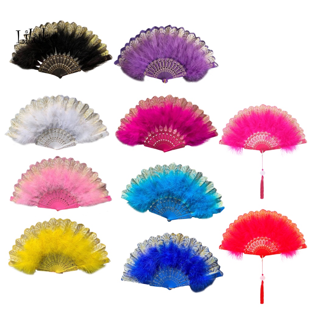 Quạt Xếp Mini Gắn Lông Vũ Trang Trí Phong Cách Cổ Điển