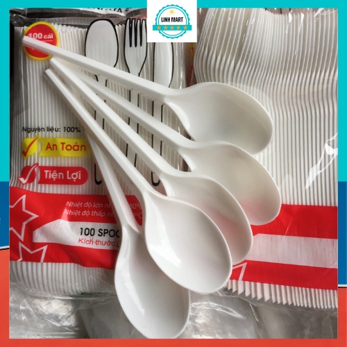Thìa nhựa Gia Tường gói đủ 100 chiếc, Thìa nhựa dùng một lần LINHMART