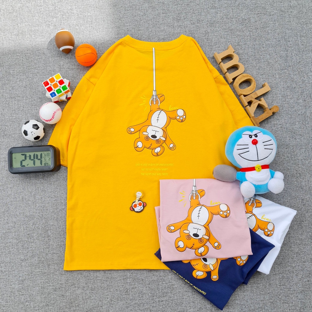 Áo phông áo thun nam nữ tay lỡ from rộng freesize chất cotton thoáng mát in hình gấu bị treo chân dễ thương MOKISHOP