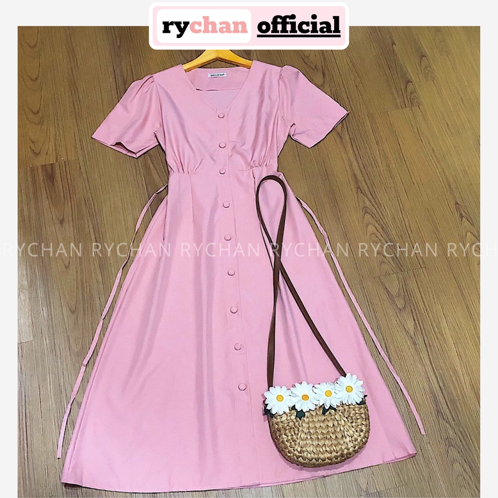 [ẢNH THẬT CUỐI] Đầm Xoè Form Dài Hồng Cổ V Nút Bọc Thắt Nơ - DX072