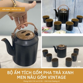Bộ ấm tích gốm Bát tràng men nâu gốm vintage pha trà xanh loại 1 cao cấp - Dung tích 1l và 1,5l - Giá nhà sản xuất